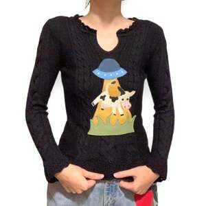 Upcycled UFO Alien Cow Abduction Black Wool Blend Sweater S
